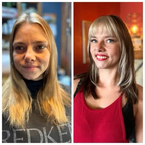Before and after: grown-out flat blonde, then a fresh fringe with bright blonde panels over dark lengths, styled and smiling