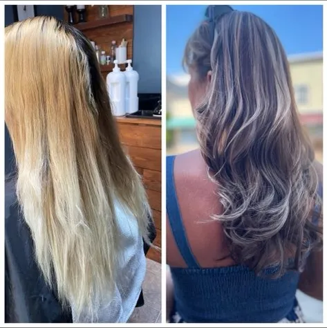 Before and after: a flat yellow blonde, then a dimensional bronde with a soft shadow root