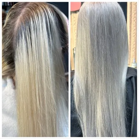 Before and after: blonde with dark grown-out roots, then an even icy platinum from root to end